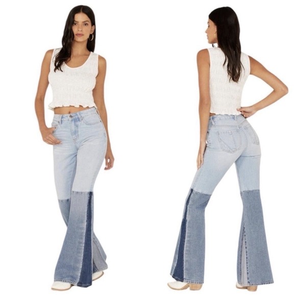 Shyanne Denim - SHYANNE WOMEN'S TWO TONE LIGHT WASH HIGH RISE FLARE JEANS 33‎ SHORT Western